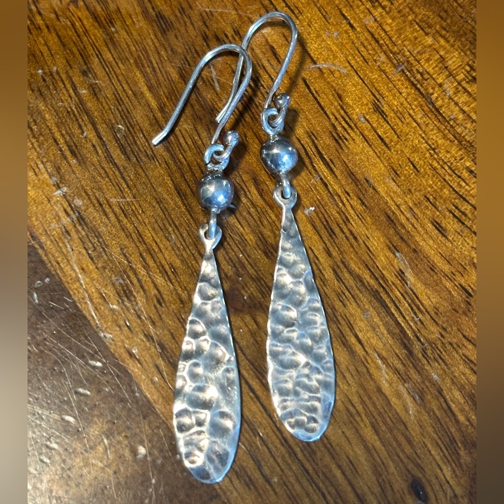 Silver 925 Stamped Hammered Teardrop Drop Earrings